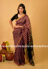 Organic linen black and lavender stripes Black pallu - Vanibhojan saree